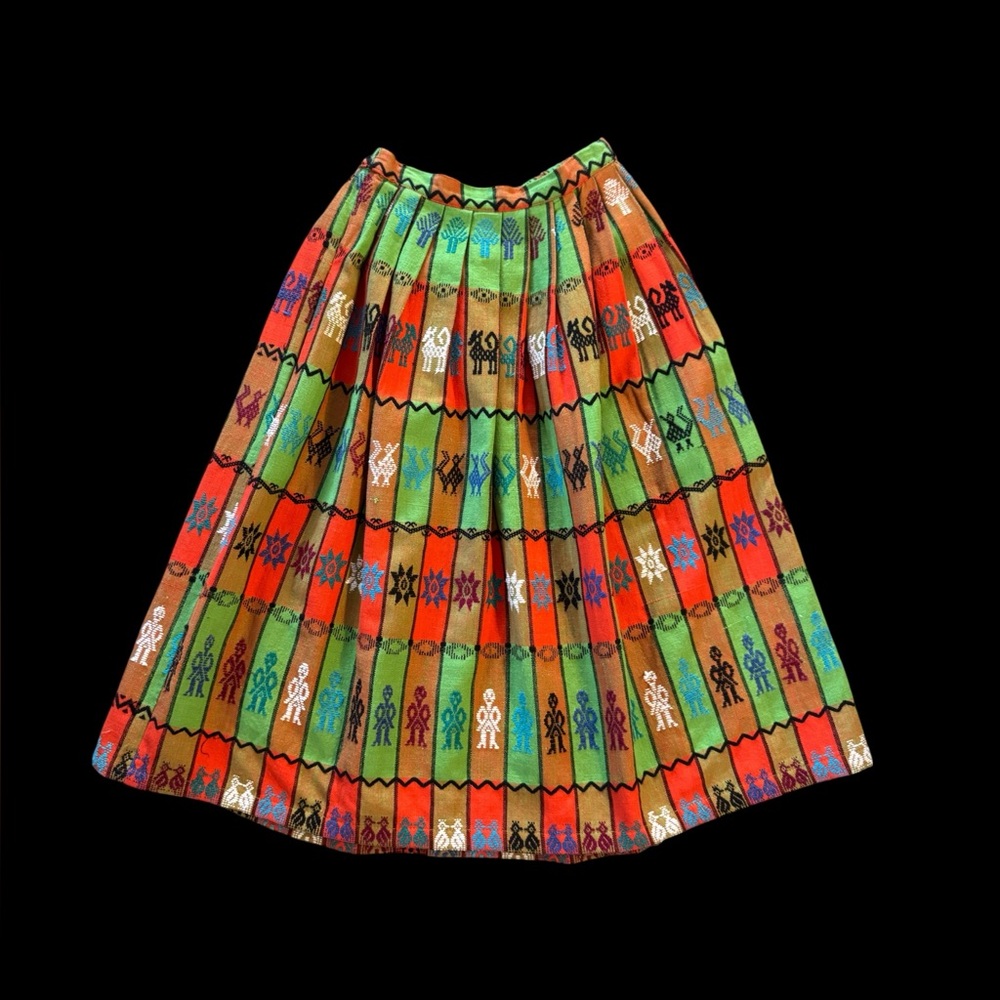 Vtg 70s Guatamalan Embroidered Pleated Skirt Huipil Sz M Colorful Boho Peasant